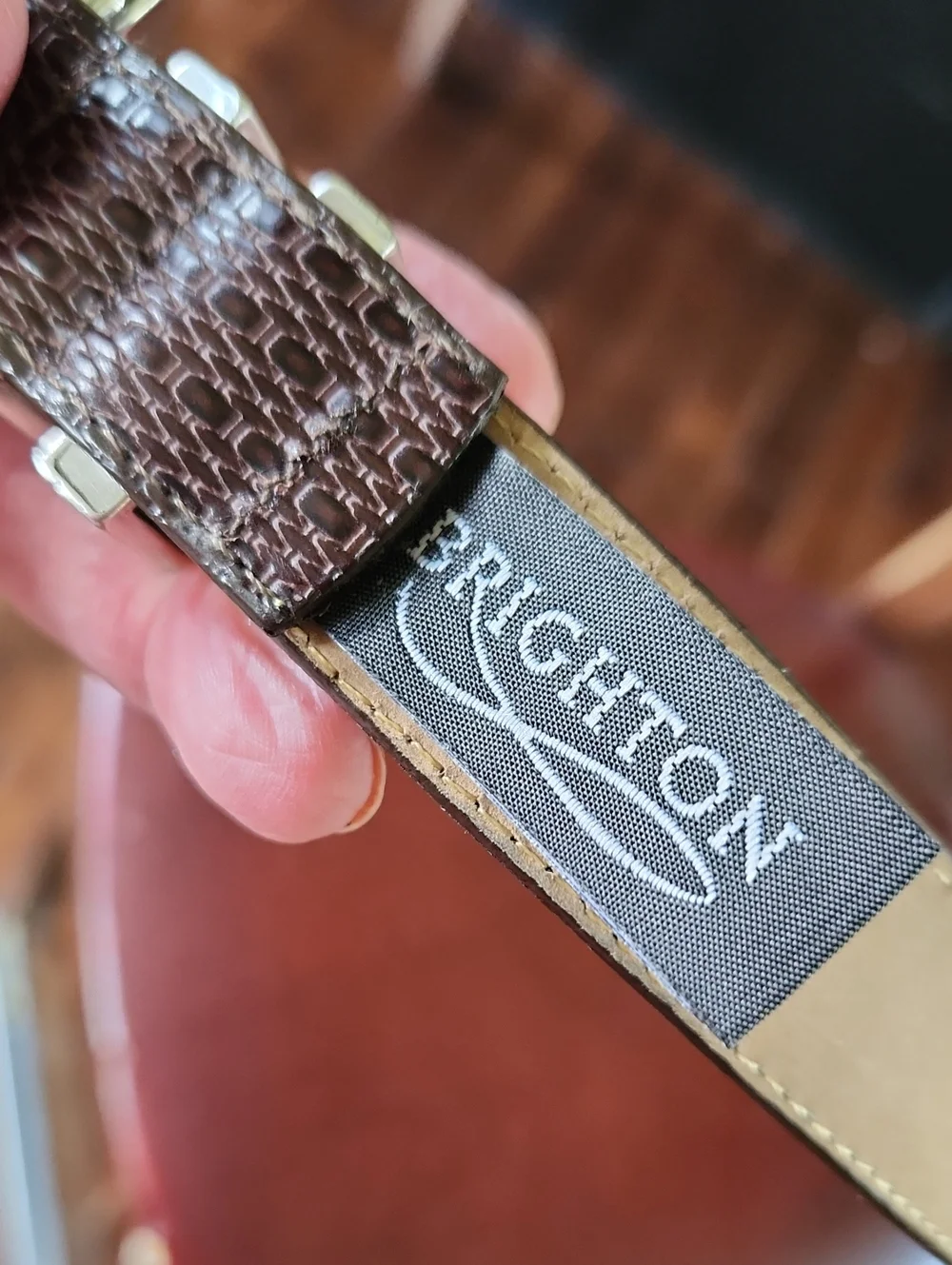 Brighton ML 32 Embossed 2-tone Silver Brass Leather Belt Brown